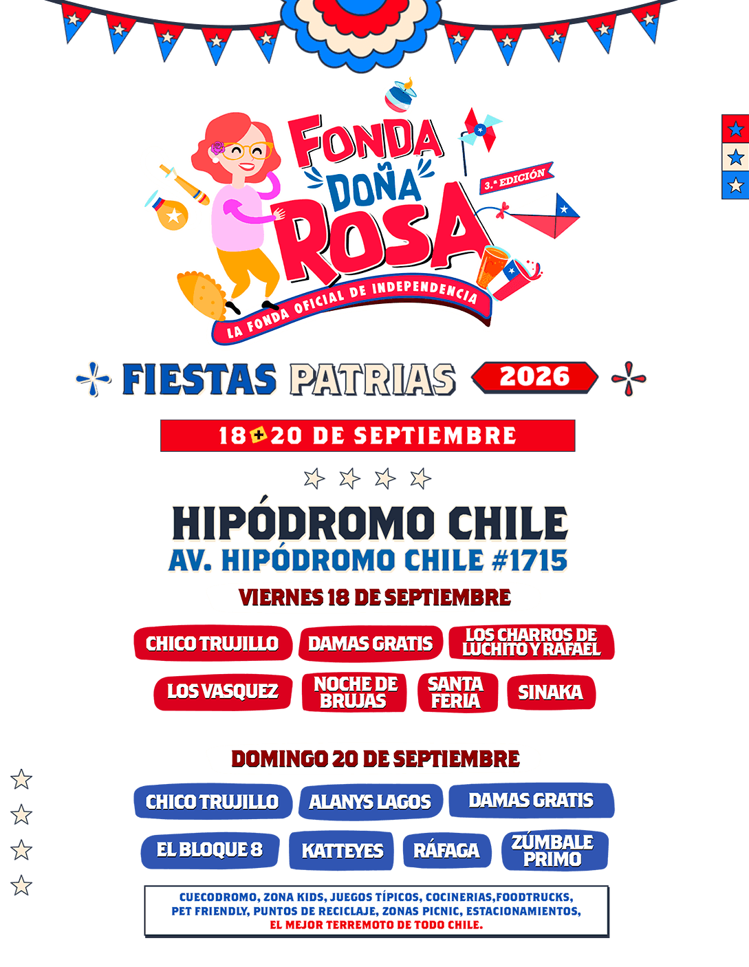 Flyer oficial de la Fonda Doña Rosa 2026 con el line-up de cada día